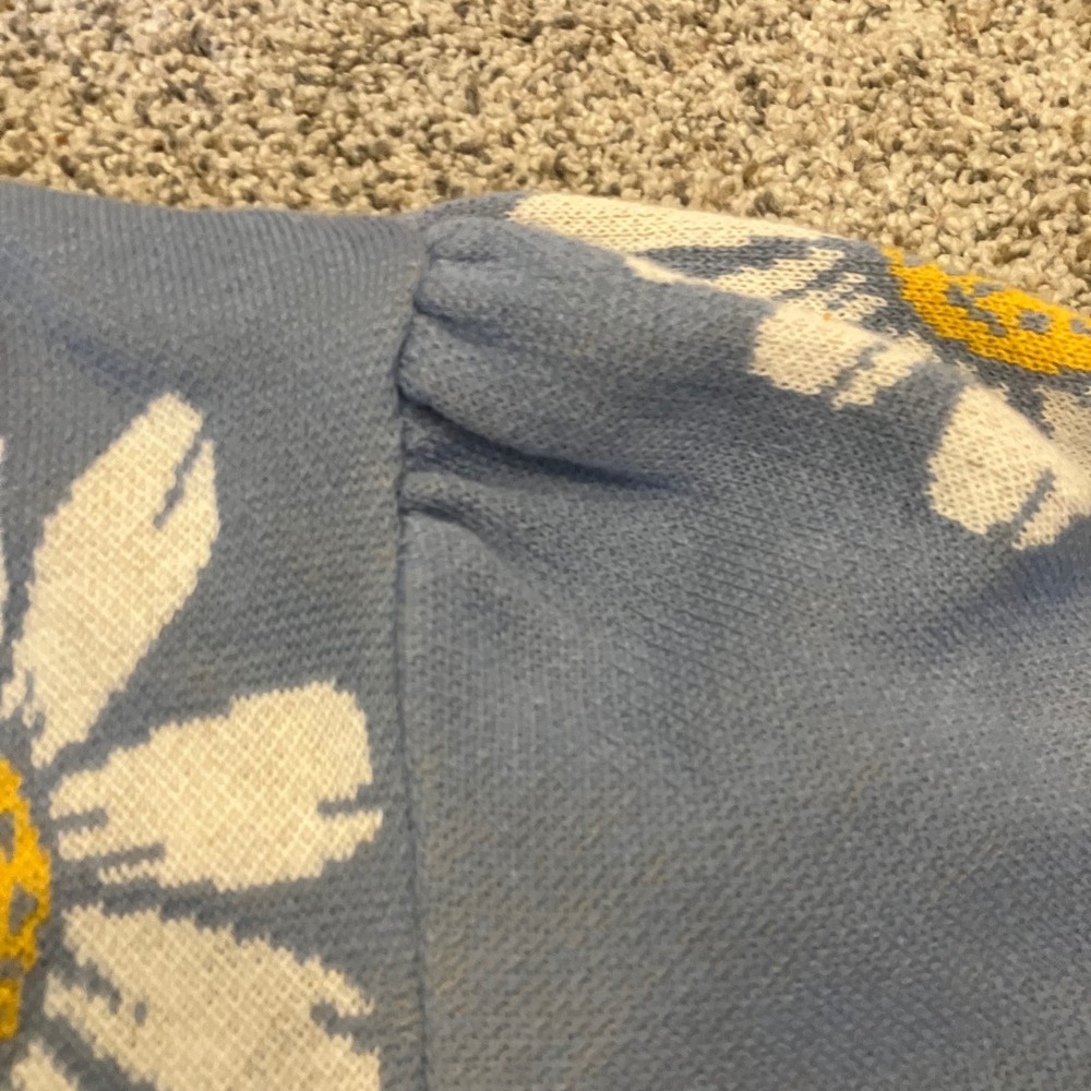 Belle by Belldini Women 3X Blue Daisy Floral Puff Short Sleeve Cardigan Sweater - Picture 7 of 10